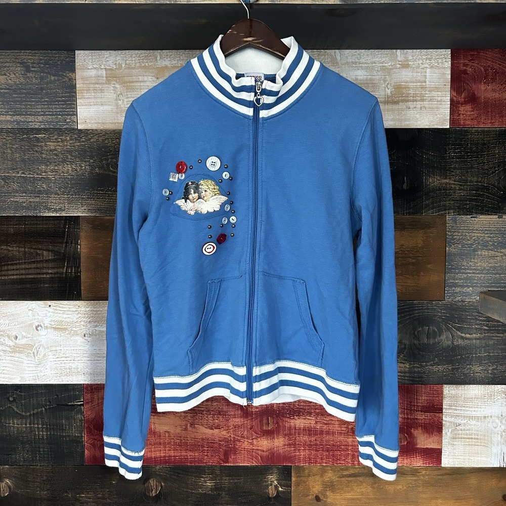 Vintage Fiorucci Zip Sweatshirt Cherub Boby Graphic Large Women's Baby Blue Top